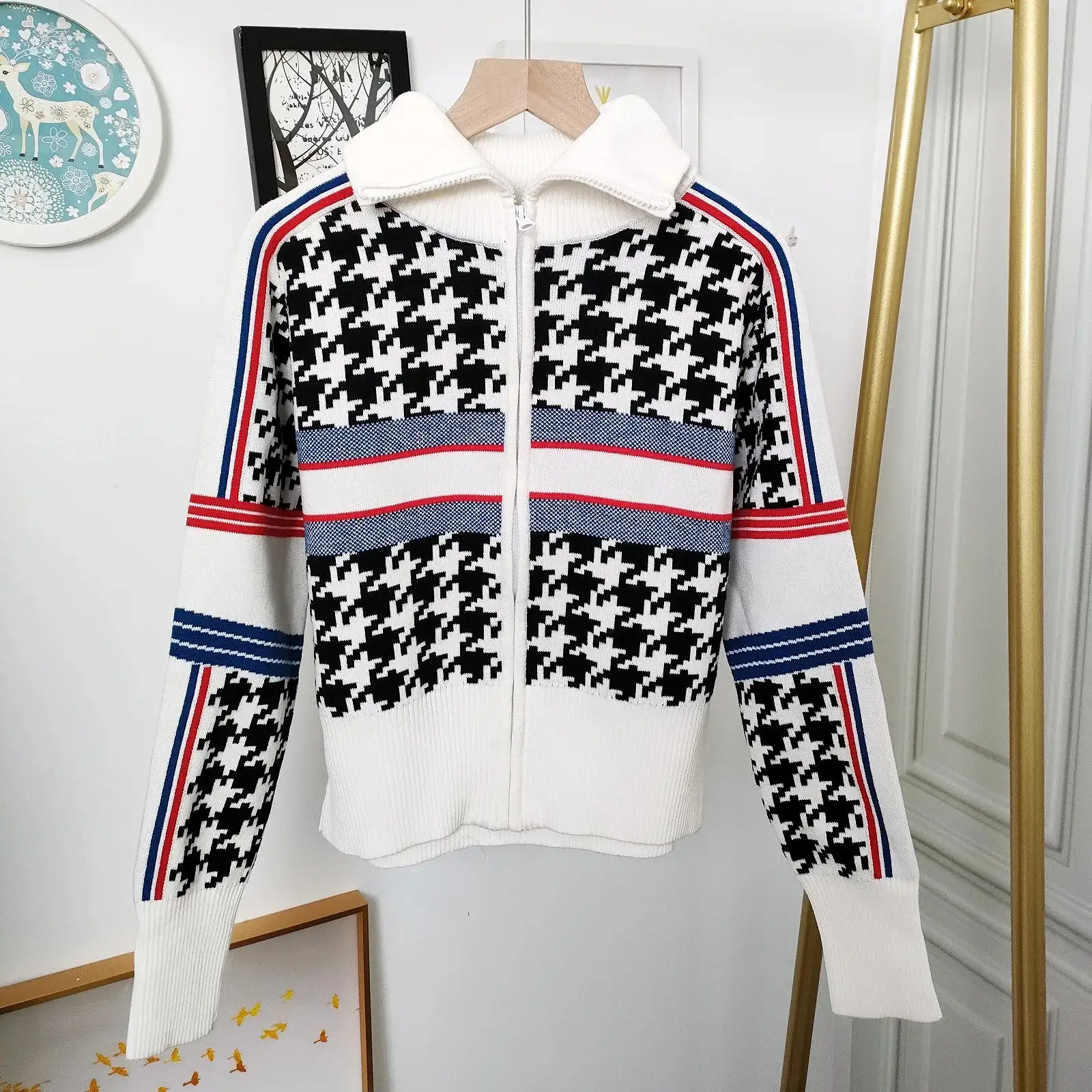 2024 Spring Autumn Classic Knit hounds tooth Ski Inspired Sweater Cardigans