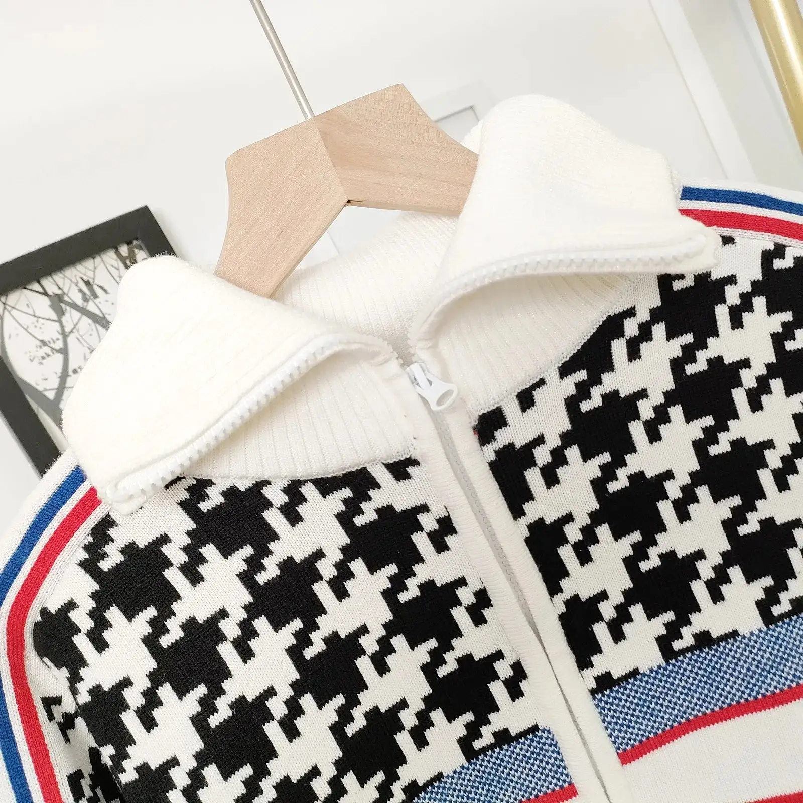 2024 Spring Autumn Classic Knit hounds tooth Ski Inspired Sweater Cardigans