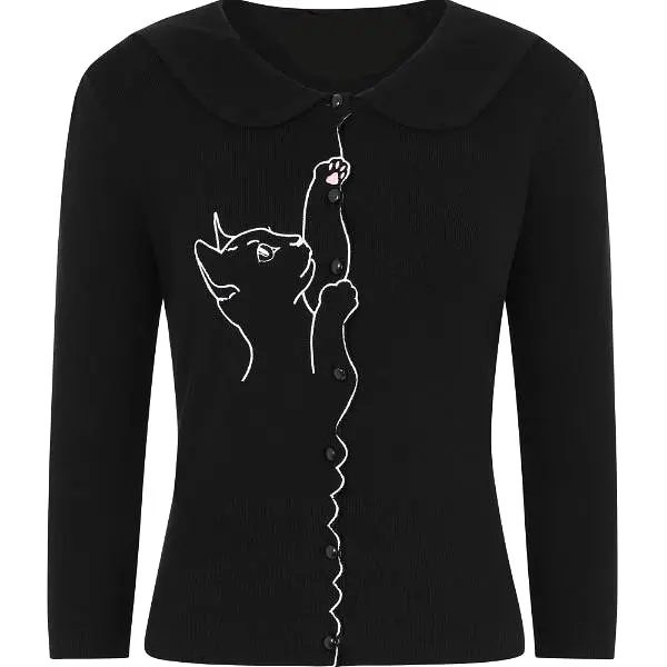 3/4 Sleeve Black Kitten Embroidered Crop Cardigan