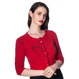 3/4 Sleeve Red Kitten Embroidered Crop Cardigan