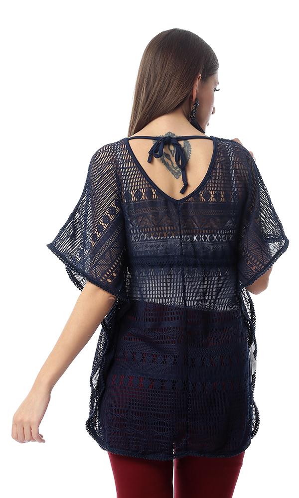 53882 Deep V-Neck & Back Navy Blue Long Top With Slits