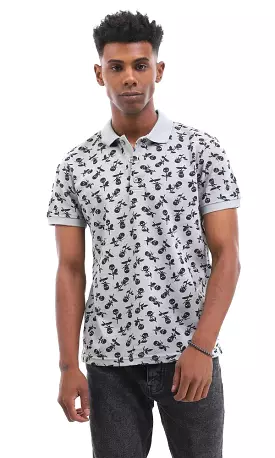 94924 Skull Flower Printed Medium Grey Polo Shirt