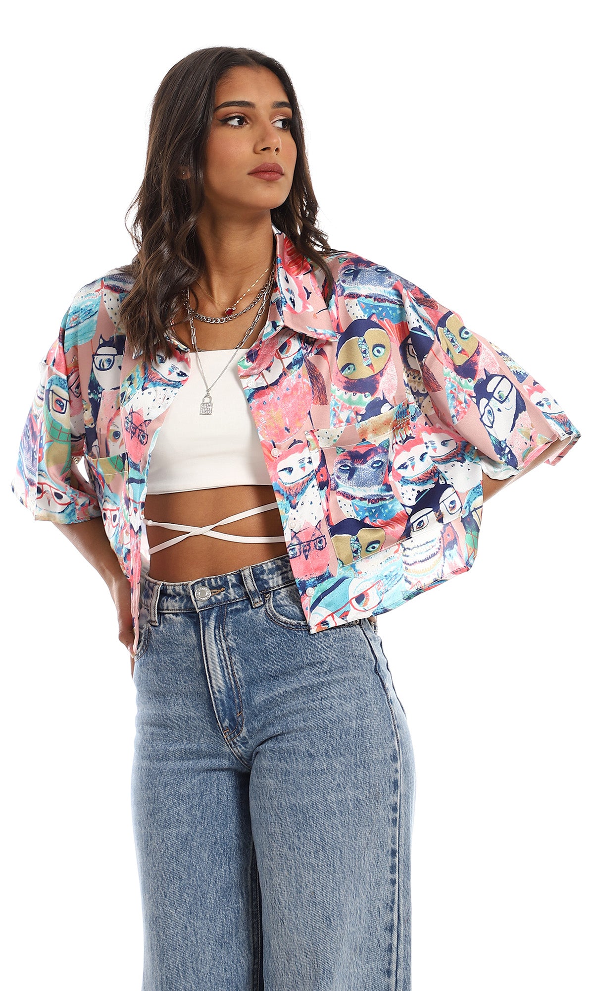 97490 Chest Pockets Silk Cropped Shirt - Multicolour