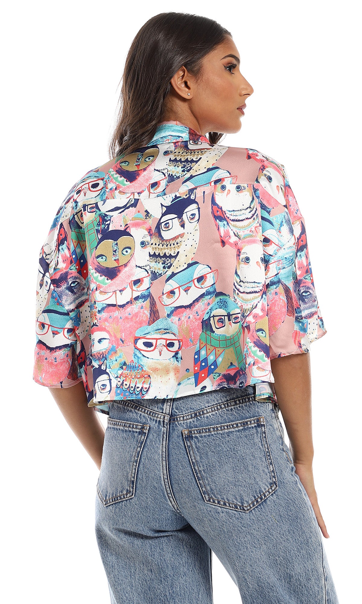 97490 Chest Pockets Silk Cropped Shirt - Multicolour