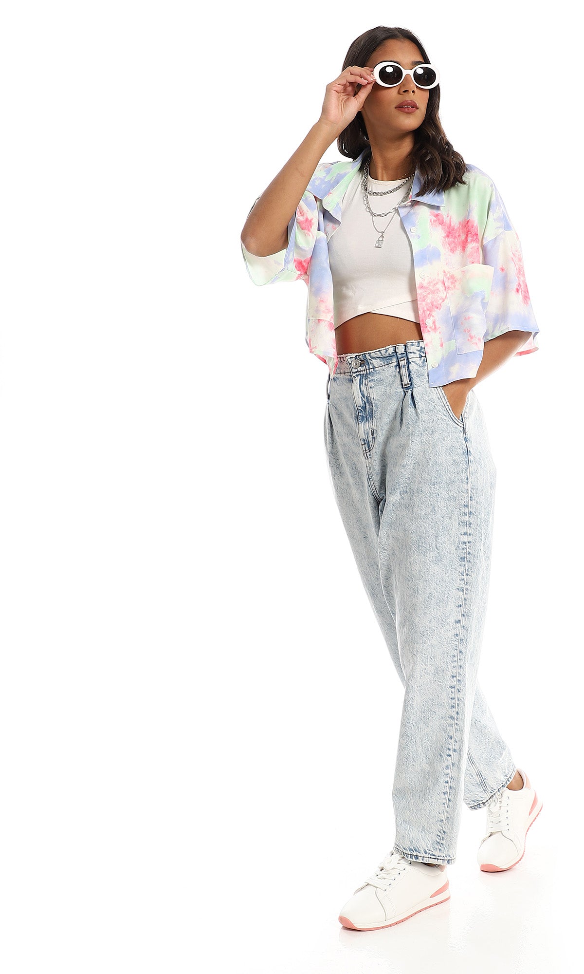 97491 Colorful Tie Dye Cropped Shirt - Multicolour