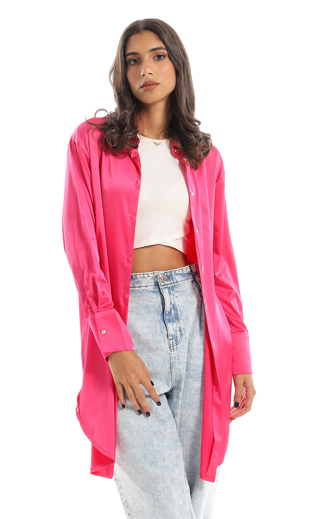 97537 Classic Collar Side Slited Silk Accent Fuchsia Shirt