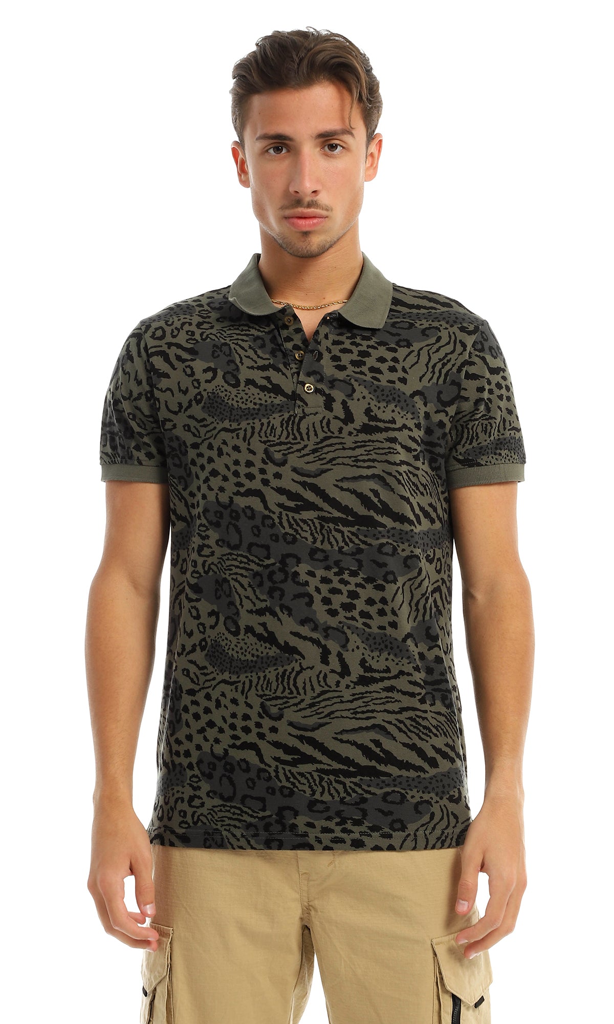 97568 Animal Pattern Classic Collar Olive Polo Shirt