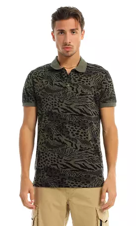 97568 Animal Pattern Classic Collar Olive Polo Shirt