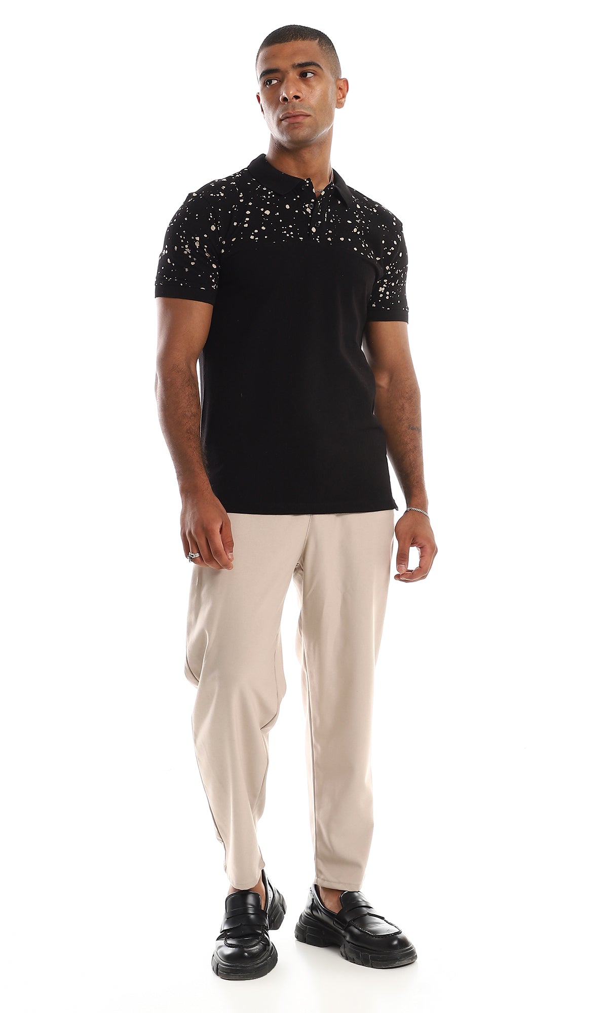 97720 Upper Splatter Cotton Polo Shirt - Black & Beige