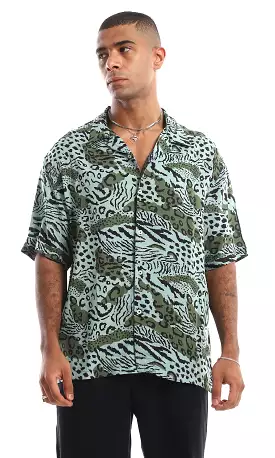 97941 Wild Animal Print Half Sleeves Shirt - Green Shades & Black