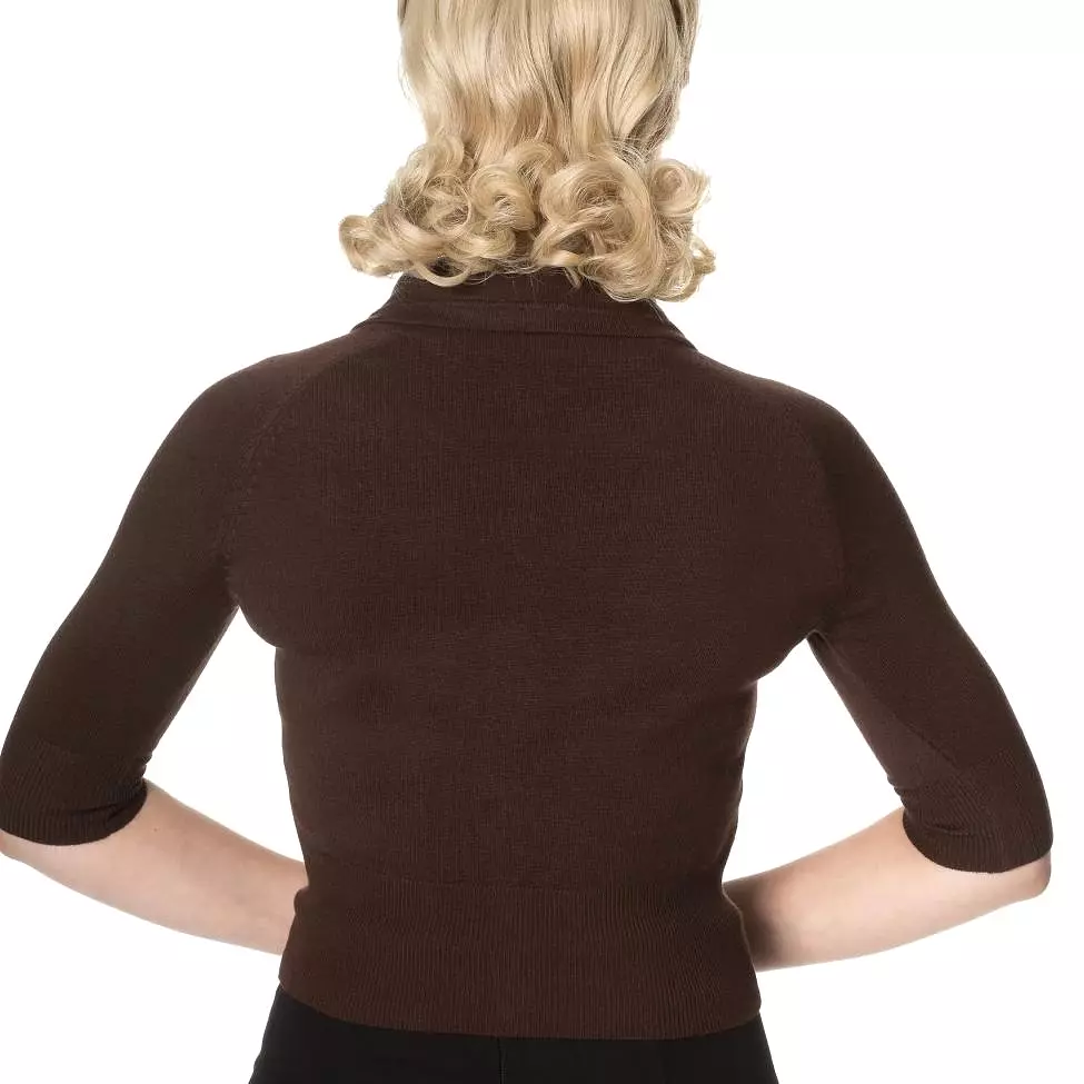 Brown Short Sleeve Collared Crop Cardigan