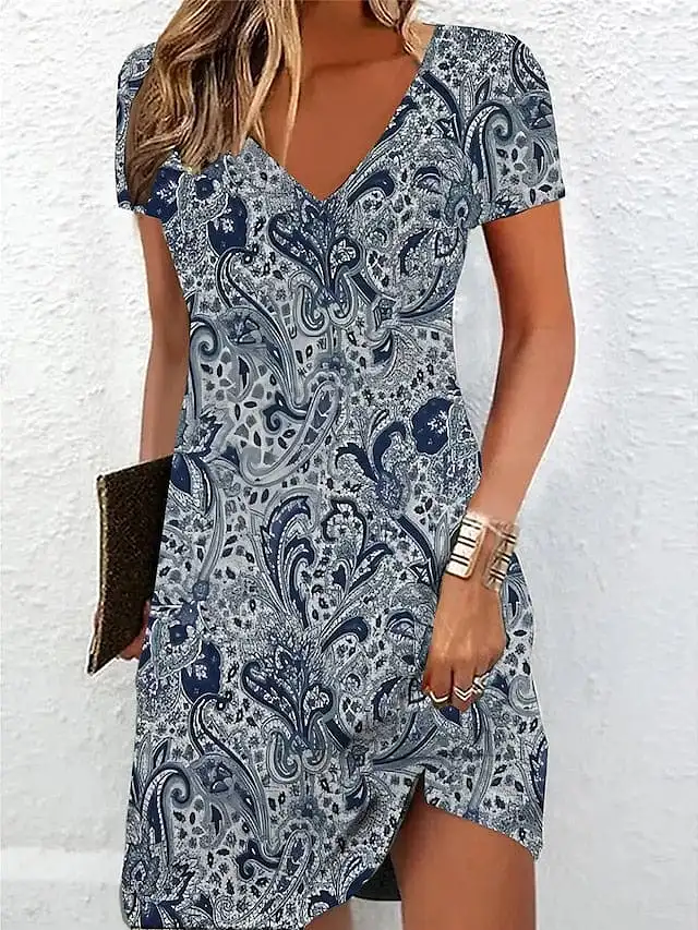 Casual Summer Floral V Neck Mini Dress for Women