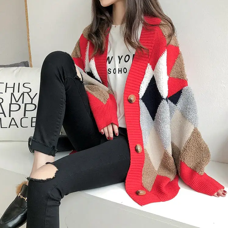 Casual V-neck Argyle Cardigans Womens Girls Korean England K-pop Style Winter Cozy Warm Loose fit Sweaters Tops Knit