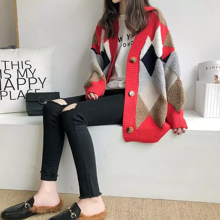 Casual V-neck Argyle Cardigans Womens Girls Korean England K-pop Style Winter Cozy Warm Loose fit Sweaters Tops Knit