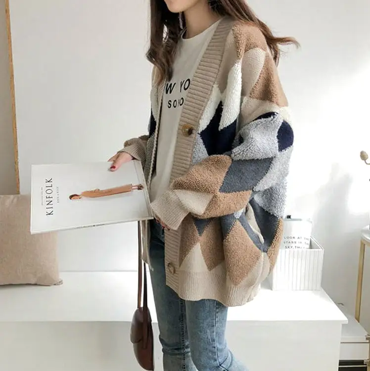 Casual V-neck Argyle Cardigans Womens Girls Korean England K-pop Style Winter Cozy Warm Loose fit Sweaters Tops Knit