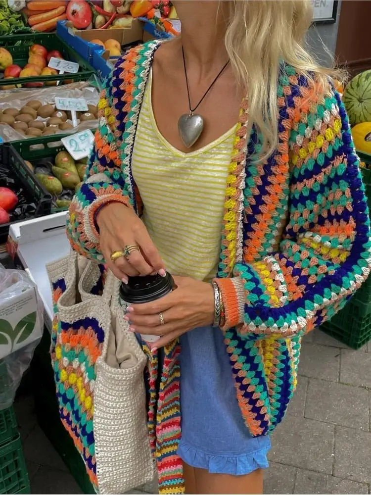 Colorful Crochet Stripped Cardigans Sweater Knitted Long Sleeve Knitwear Pullovenr