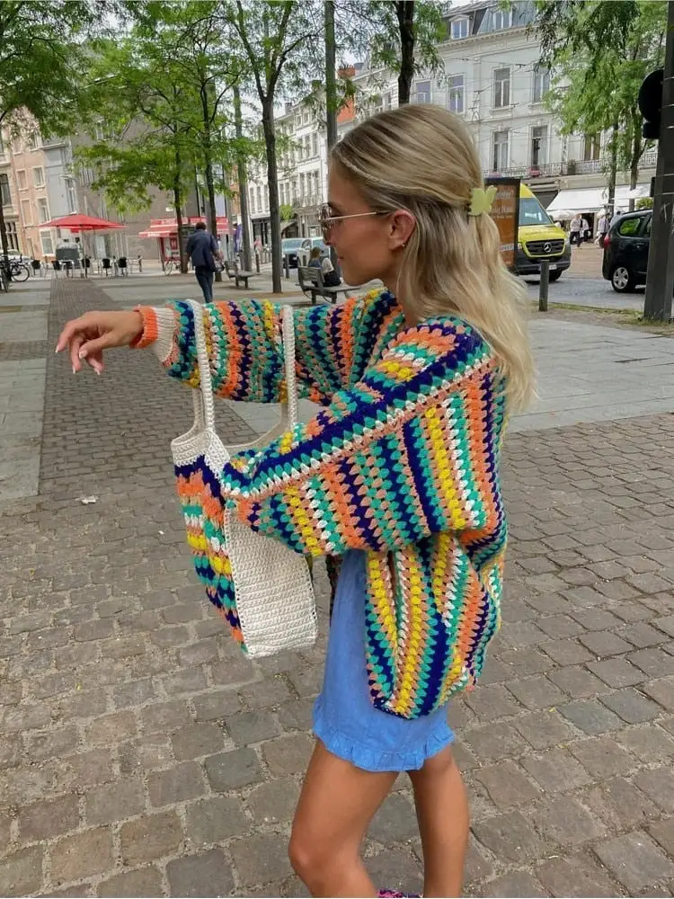 Colorful Crochet Stripped Cardigans Sweater Knitted Long Sleeve Knitwear Pullovenr