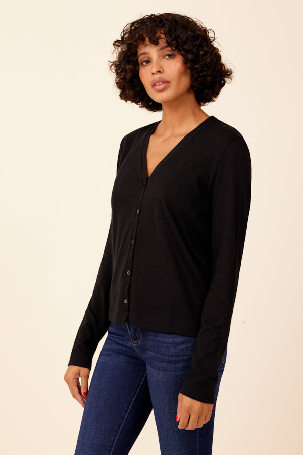 Cotton Cashmere Long Sleeve V-Neck Cardigan in Noir