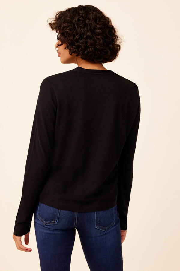 Cotton Cashmere Long Sleeve V-Neck Cardigan in Noir