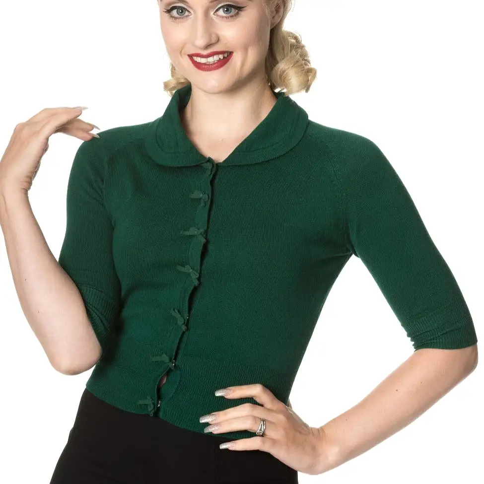 Dark Green Short Sleeve Crop Collar Cardigan