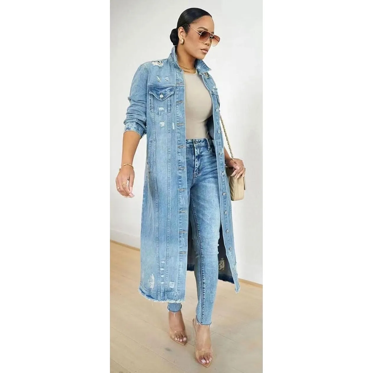 Denim Ripped Long Cardigan