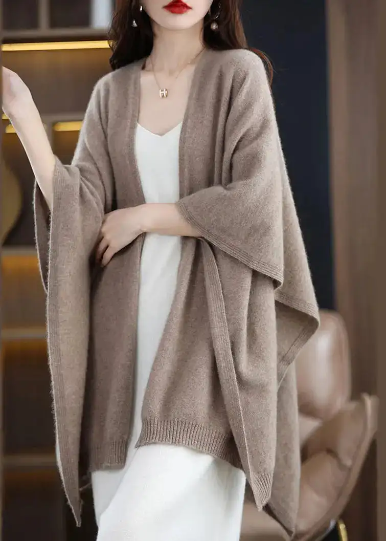 DIY Khaki Oversized Knit Shawl Cardigans Spring HA1060