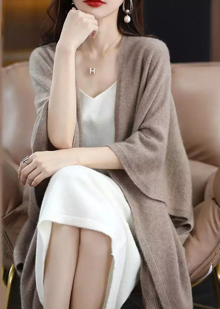 DIY Khaki Oversized Knit Shawl Cardigans Spring HA1060