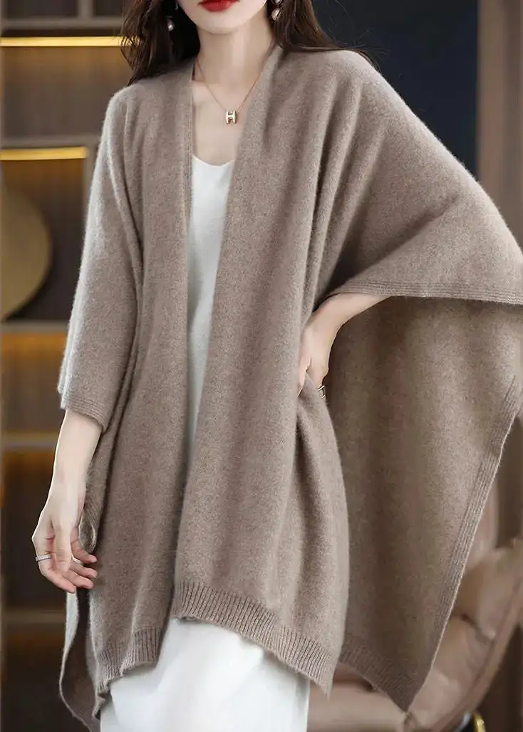 DIY Khaki Oversized Knit Shawl Cardigans Spring HA1060