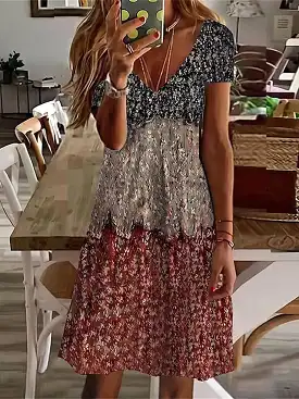 Floral Paisley Print V Neck Mini Dress for Women