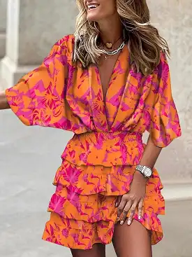 Floral Print Ruched V Neck Batwing Sleeve Mini Dress