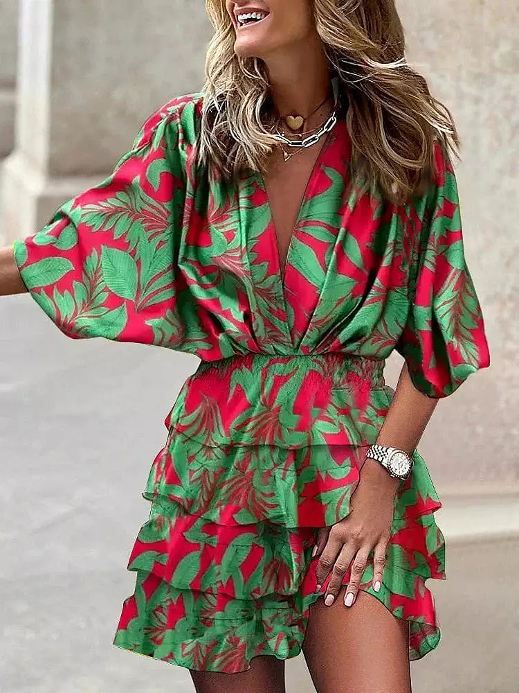 Floral Print Ruched V Neck Batwing Sleeve Mini Dress