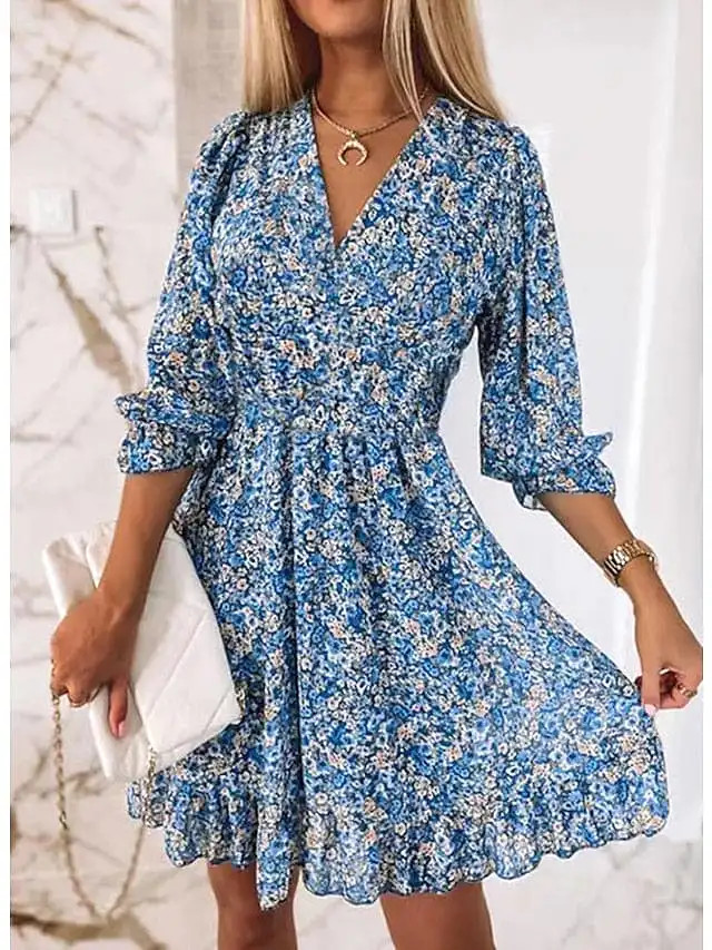 Floral Print V-Neck Mini Dress for Women