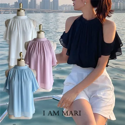 I AM MARI  |Plain Short Sleeves Elegant Style Shirts & Blouses