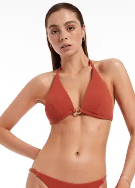 Isla Rib Halter Triangle Bikini Top - Russet