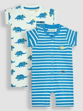 JoJo Maman Bebe Boys 2-Pack Triceratops & Stripe Rompers - Blue