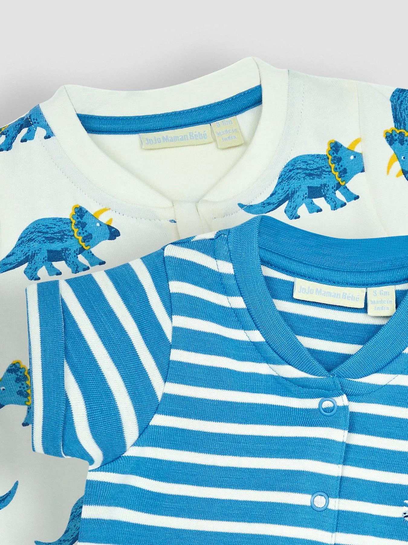 JoJo Maman Bebe Boys 2-Pack Triceratops & Stripe Rompers - Blue