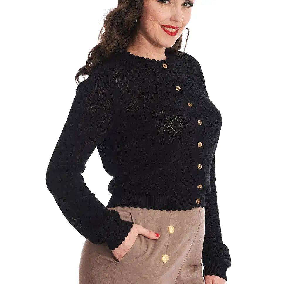 Long Sleeve Black Pointelle Scallop Edge Crop Cardigan