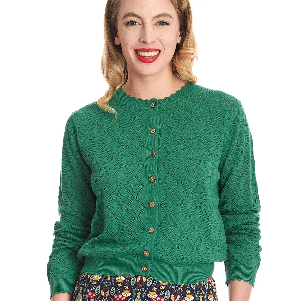 Long Sleeve Green Pointelle Scallop Edge Crop Cardigan