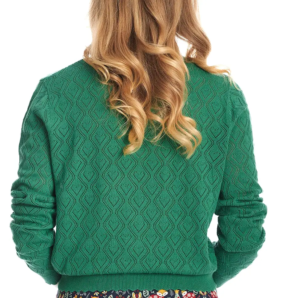 Long Sleeve Green Pointelle Scallop Edge Crop Cardigan