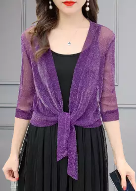 Loose Purple V Neck Bright Silk Tulle Cardigans Summer AS1025