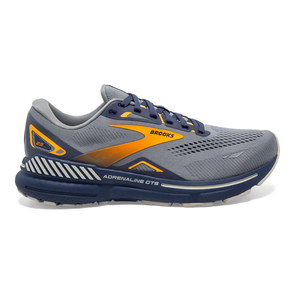 Men's Brooks Adrenaline GTS 23, Grey/Crown Blue/Orange, 11.5 D Medium