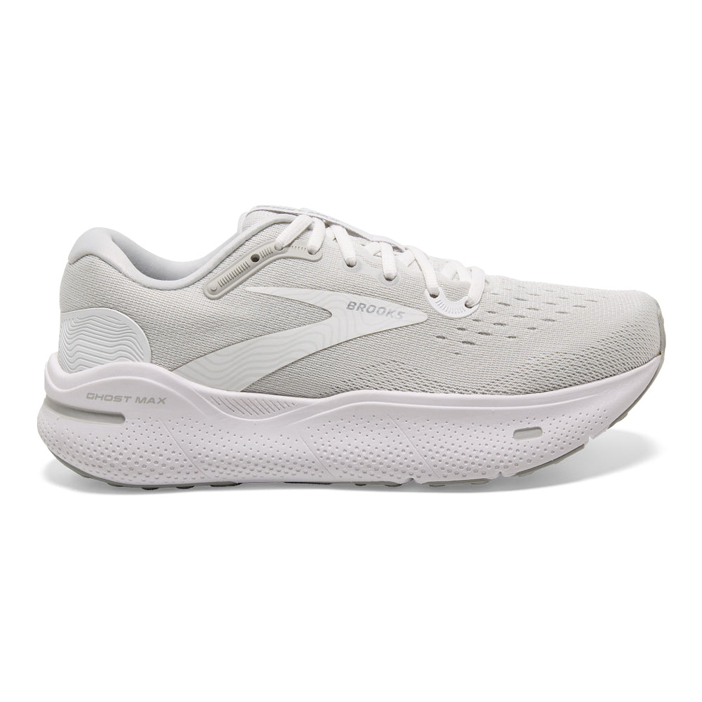 Men's Brooks Ghost Max, White/Oyster/Metallic Silver, 14 2E Wide