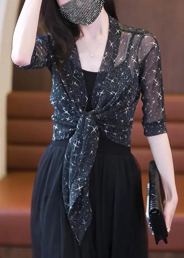 New Black Bright Silk Print Tulle Cardigan Summer AS1078