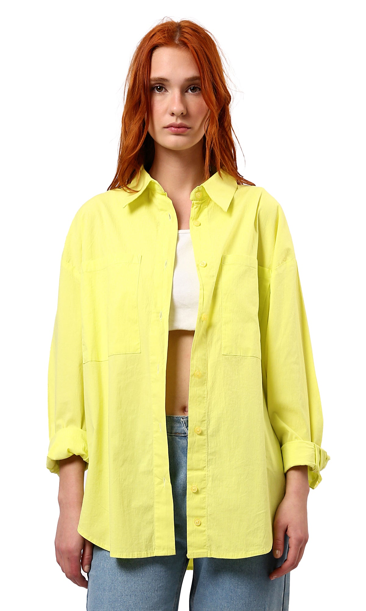 O177908 Full Buttons Down Neon Yellow Loose Shirt