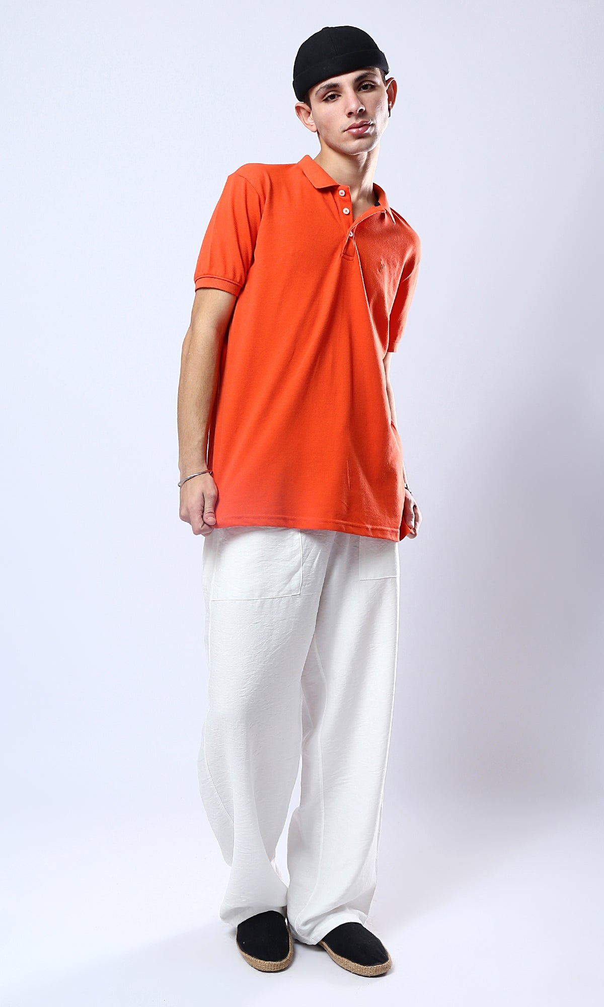 O178888 Hot Orange Solid Buttoned Polo Shirt