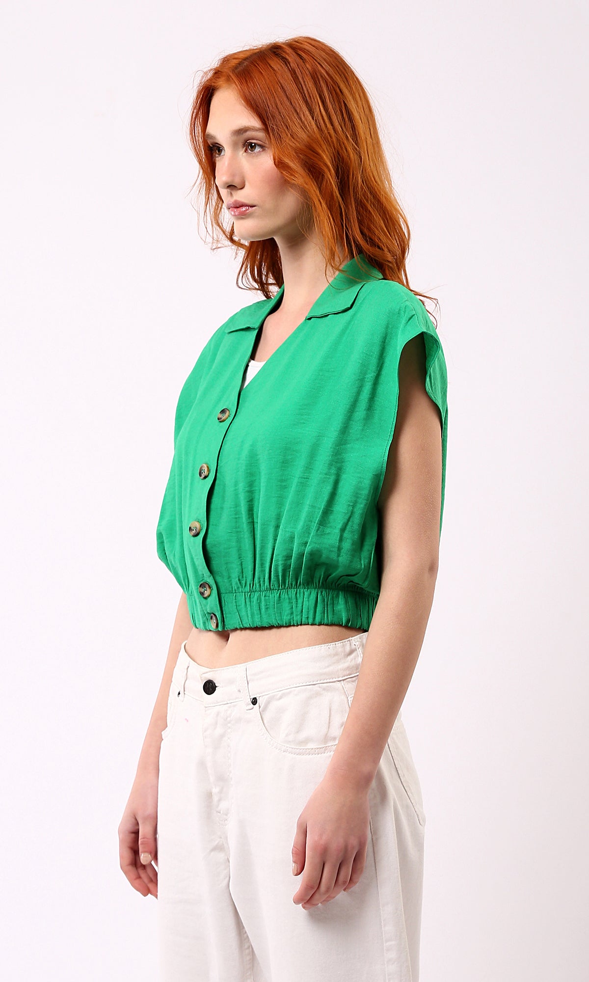 O179141 Deep V-Neck Buttoned Green Short Shirt