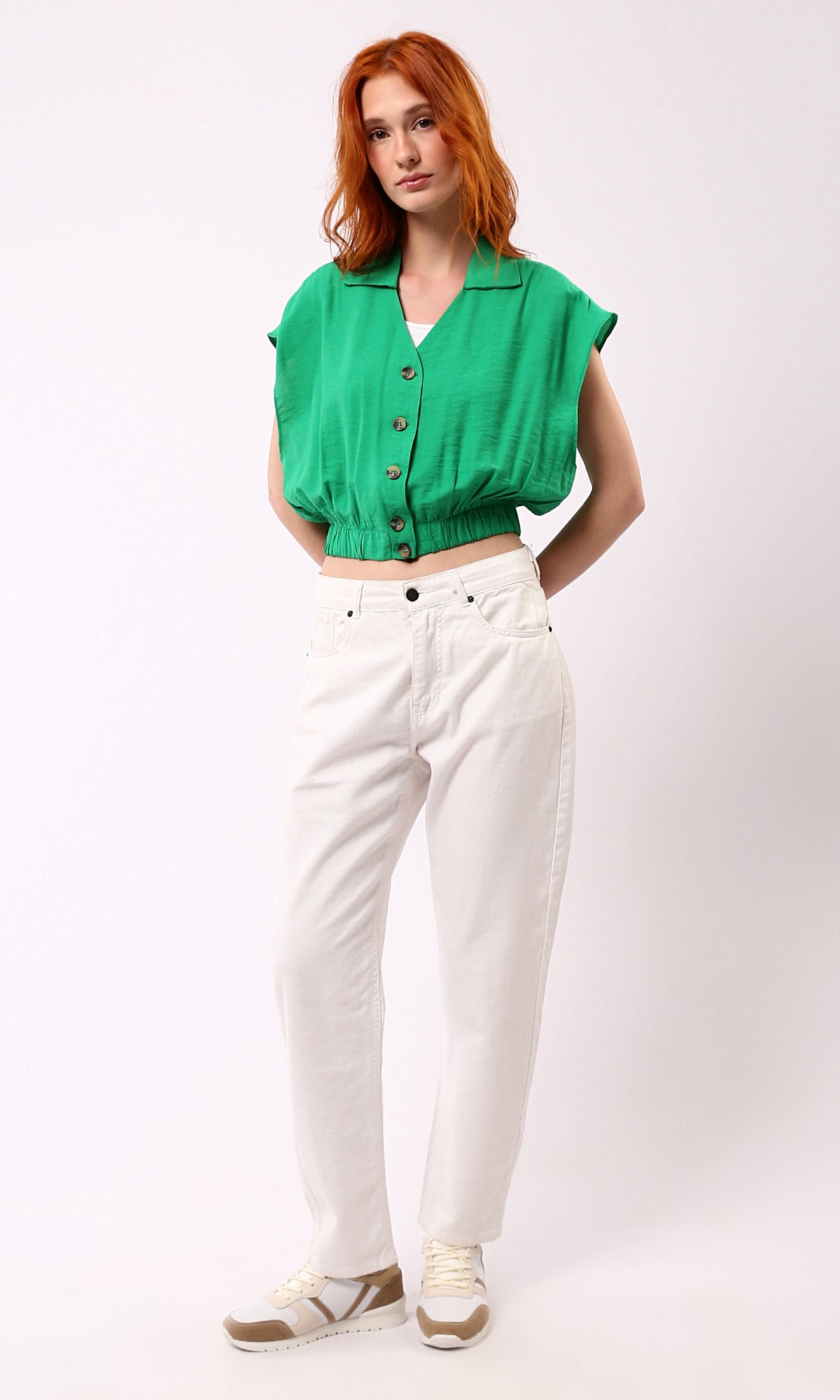 O179141 Deep V-Neck Buttoned Green Short Shirt