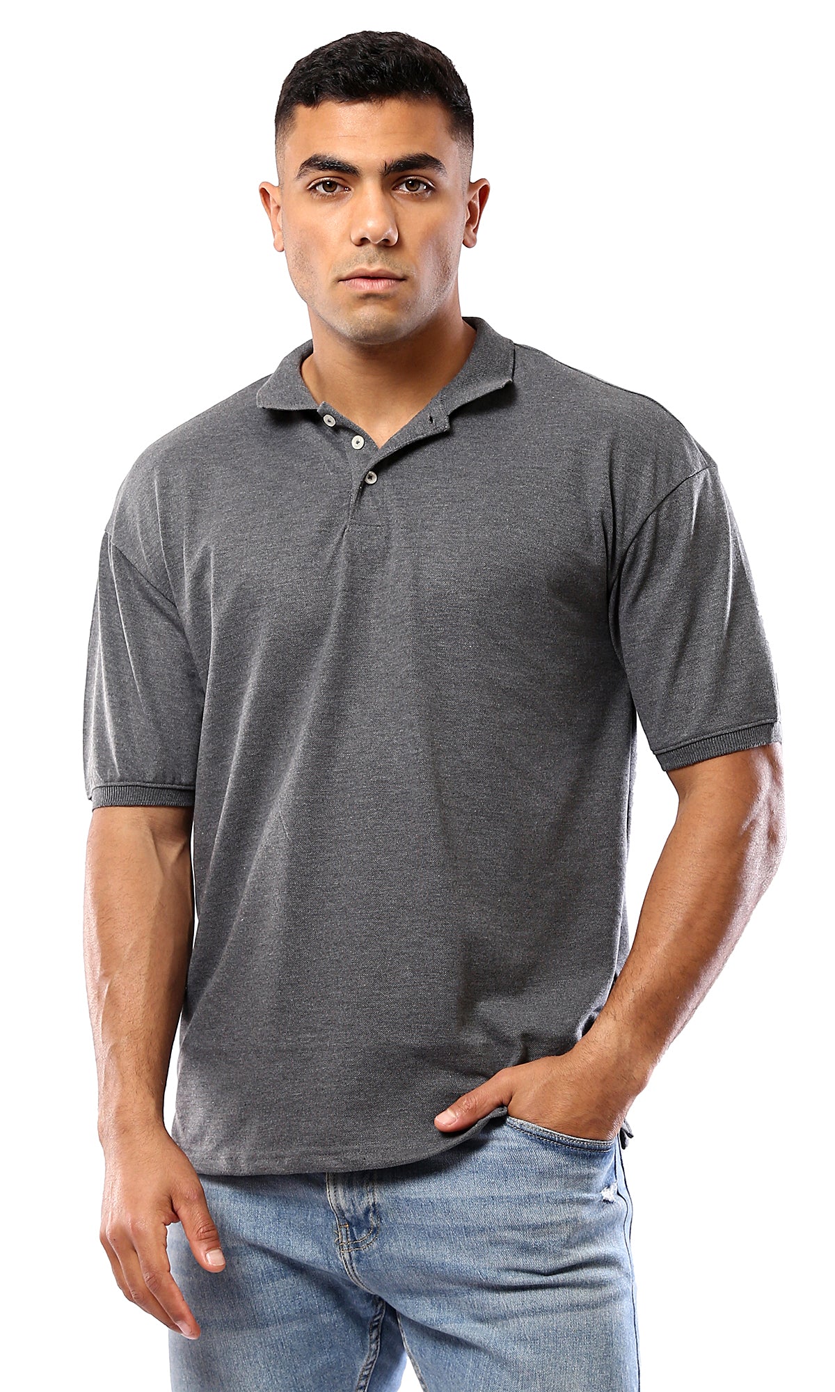 O179239 Buttoned Neck Heather Dark Grey Summer Polo Shirt