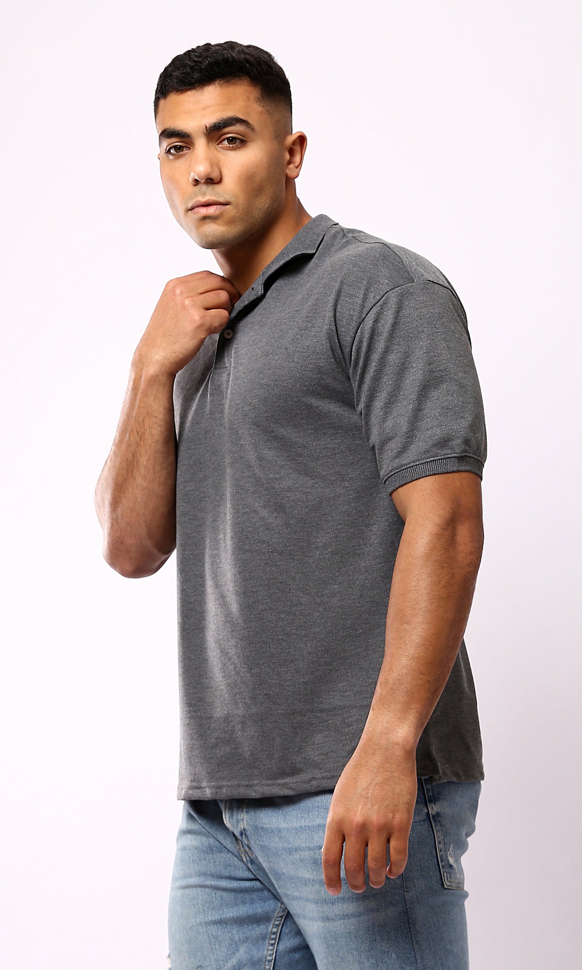 O179239 Buttoned Neck Heather Dark Grey Summer Polo Shirt