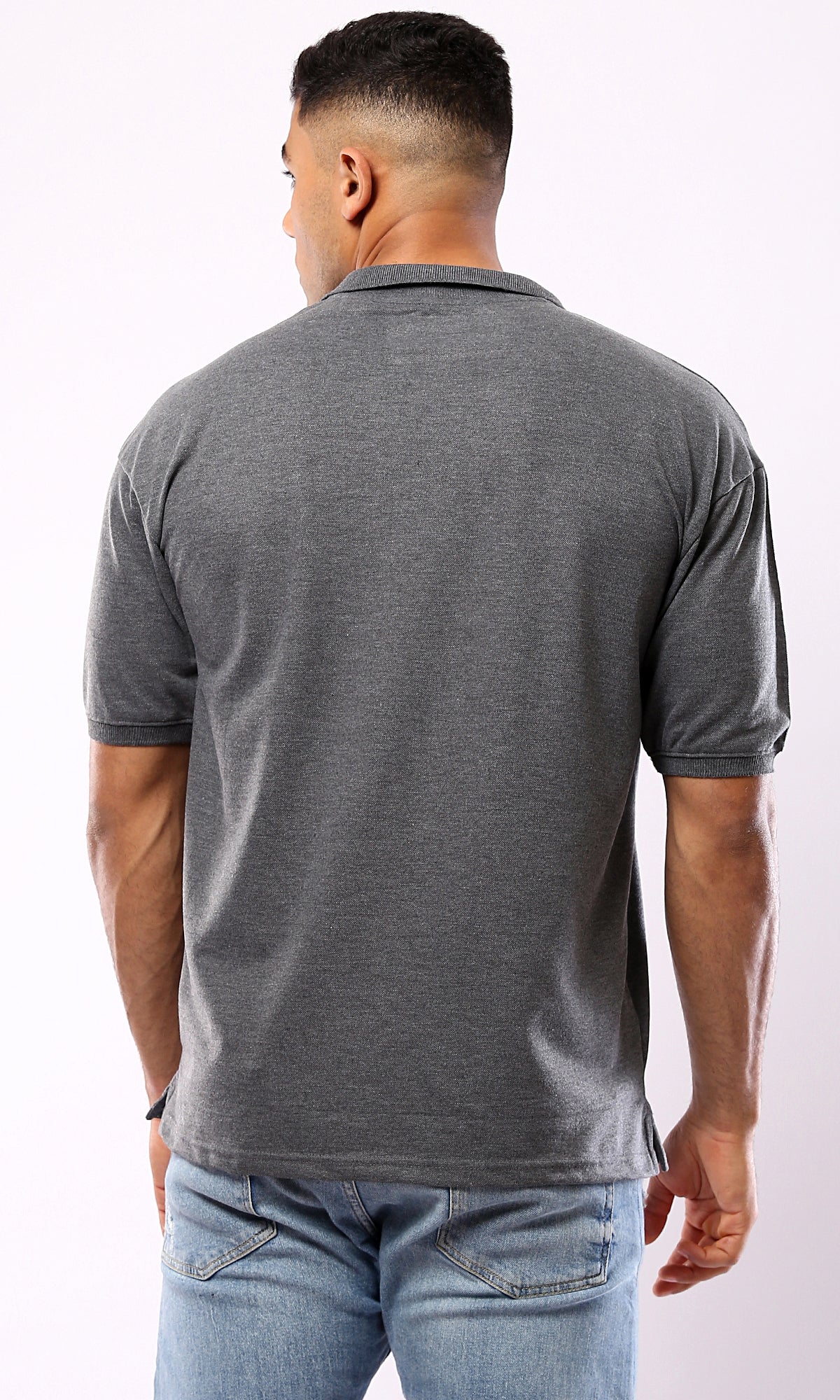 O179239 Buttoned Neck Heather Dark Grey Summer Polo Shirt